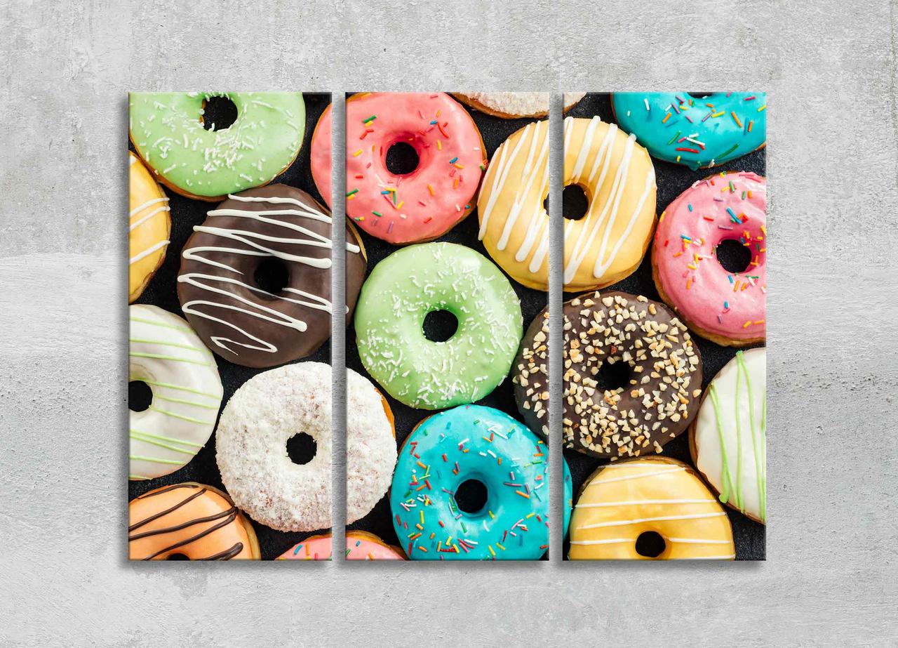 Модульна Картина Барвисті Пончики Різнобарвна Випічка Декор на Стіну Кухні Яскрава Картина з 3 частин VE