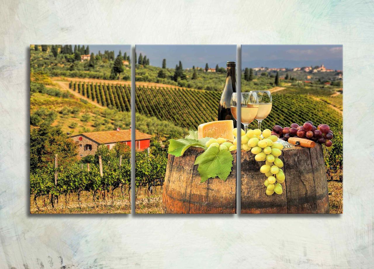 Модульна Картина Бокали з Вином на тлі Природи Декор на Пейзаж стіни в Інтер'єр Вино Сир Виноград VE