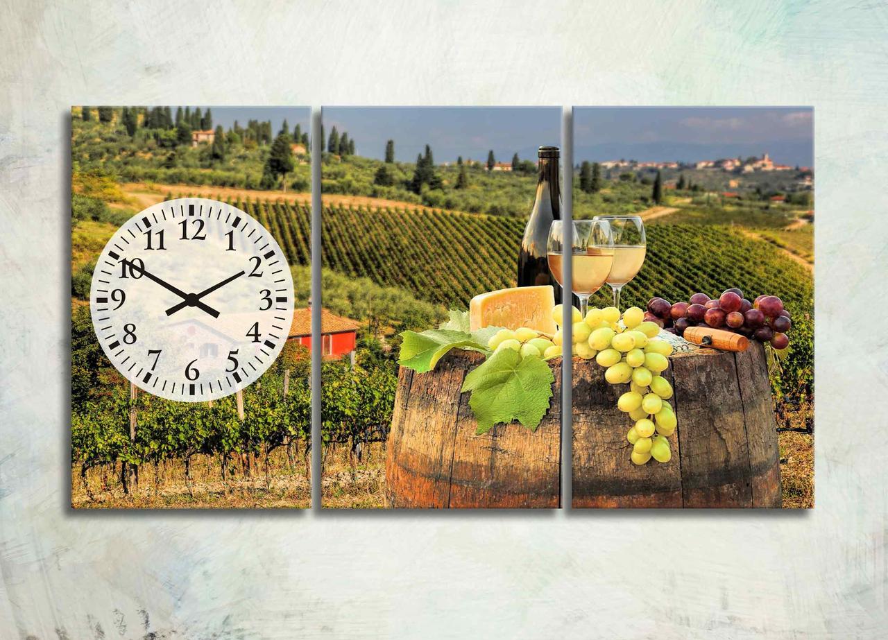 Модульна Картина Іспанська Краєвид з Годинником Декор на Стіну 3 частини Келихи з вином Виноград Сир Природа VE