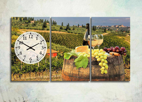 Модульна Картина Іспанська Краєвид з Годинником Декор на Стіну 3 частини Келихи з вином Виноград Сир Природа VE, фото 1