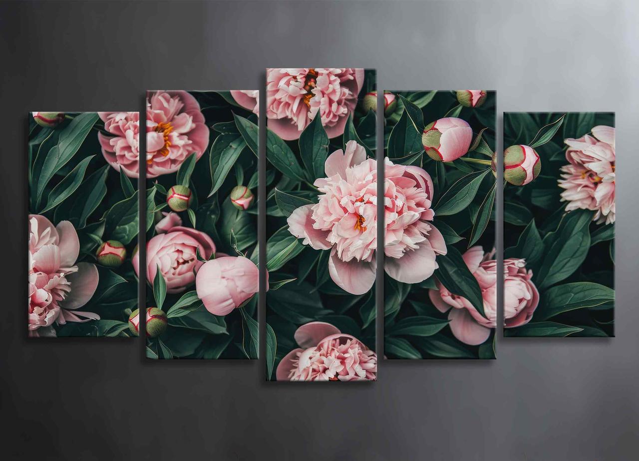 Модульна Картина з 5 Частин Великі Рожеві Півонії Декор на Стіну з Півонія Квіти в Саду Картина з Квітами VE