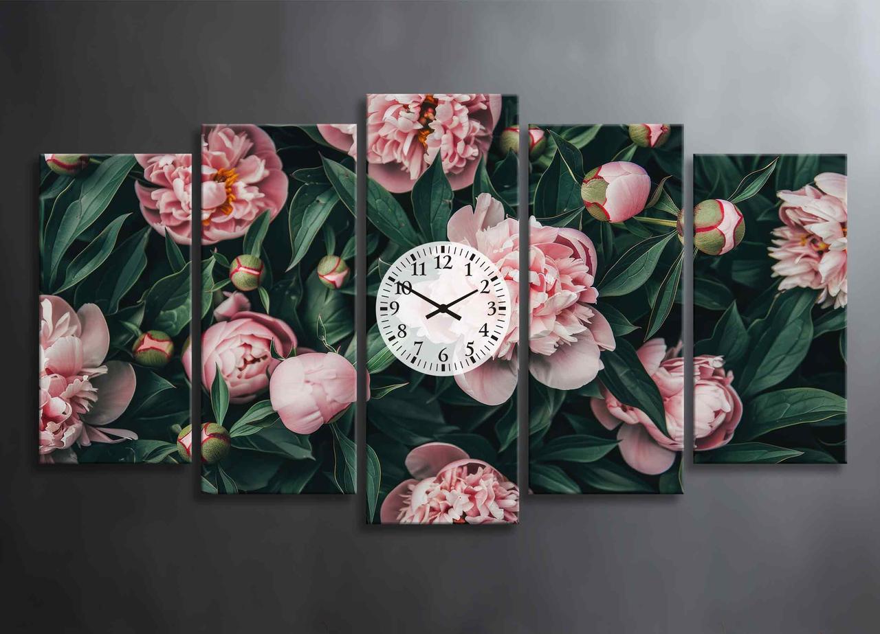 Картина Модульна з Годинниками Рожеві Великі Півонії Декор з 5 частин на Стіну Півонії Квітковий Сад з Півонія Квіти