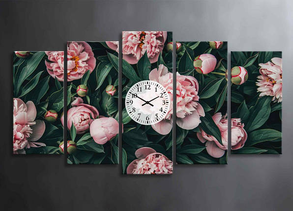 Картина Модульна з Годинниками Рожеві Великі Півонії Декор з 5 частин на Стіну Півонії Квітковий Сад з Півонія Квіти, фото 1