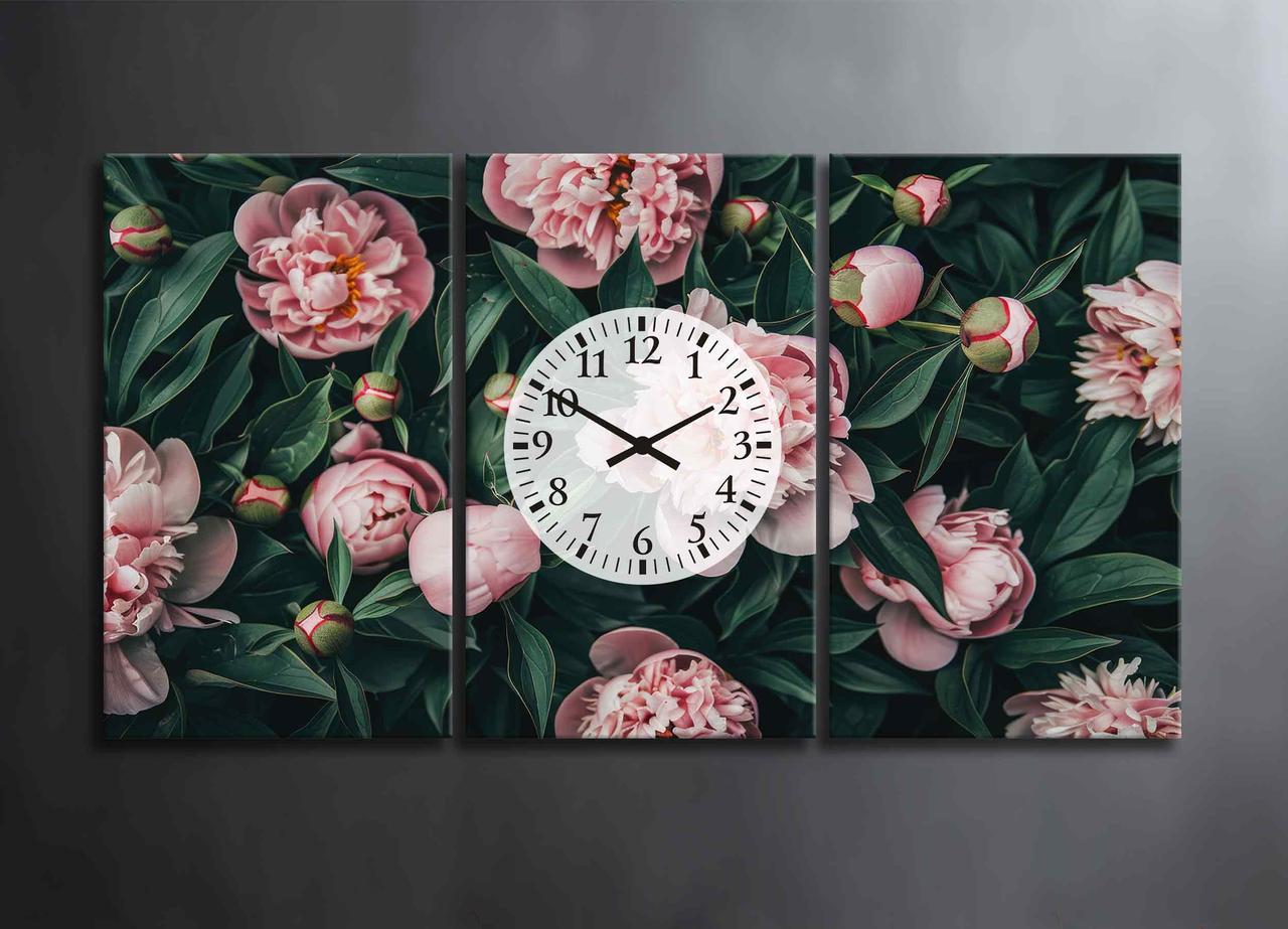 Картина Модульна з Годинниками Рожеві Великі Півонії Декор з 3 частин на Стіну Півонія Квітковий Сад з Півонія Квіти