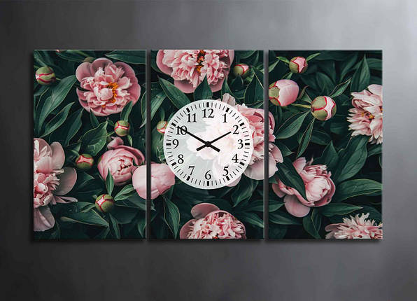 Картина Модульна з Годинниками Рожеві Великі Півонії Декор з 3 частин на Стіну Півонія Квітковий Сад з Півонія Квіти, фото 1