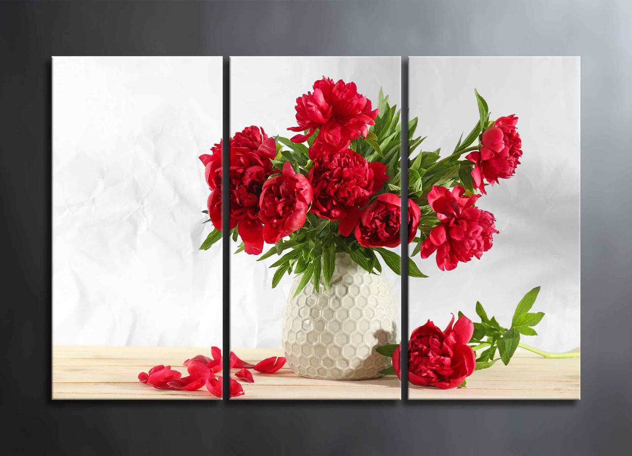 Картина з 3 частин Червоні Півонії у Вазі Декор на Стіну з Квітами Картина з Півонями Яскраві Квіти VE