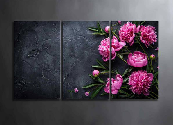 Фотокартина Модульна Квіти Рожеві Півонії Декор на Стіну з 3 частин з Квітами Картина з Півонями на Чорному тлі, фото 1
