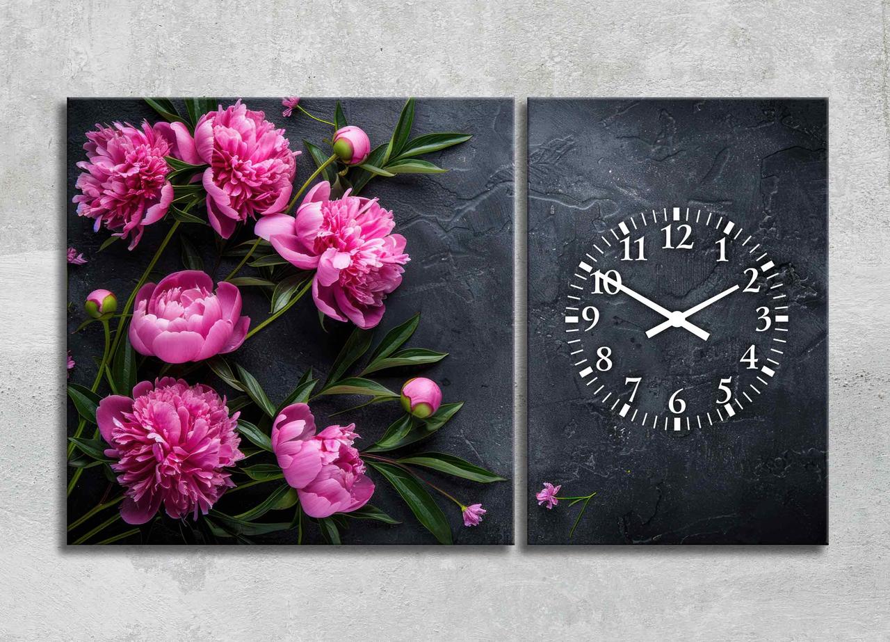 Картина Модульна Квіти Рожеві Півонії Декор на Стіну Годинники з Квітами Картина з Півонями на Чорному тлі VE