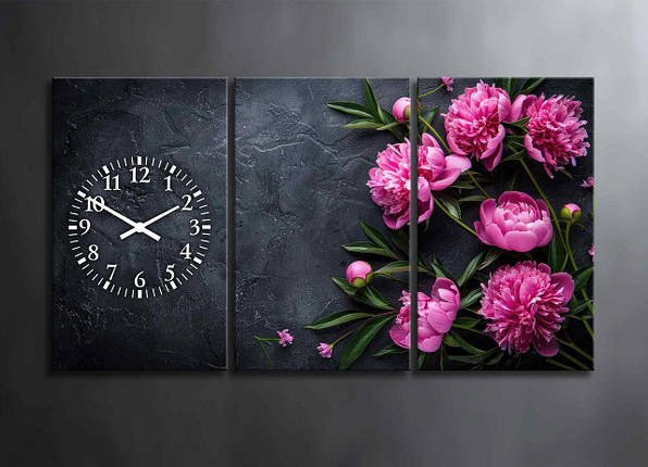 Картина Модульна Квіти Рожеві Півонії Декор на Стіну 3 частини Годинники з Квітами Картина з Півонями на Чорному тлі, фото 1