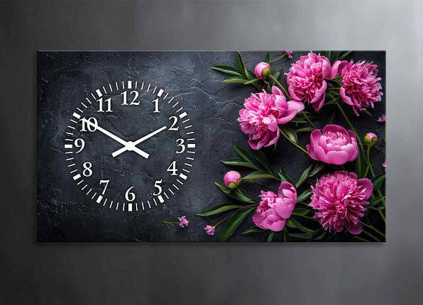 Картина з Годинниками Квіти Рожеві Півонії Декор на Стіну з Квітами Картина з Півонями на Чорному тлі VE, фото 1