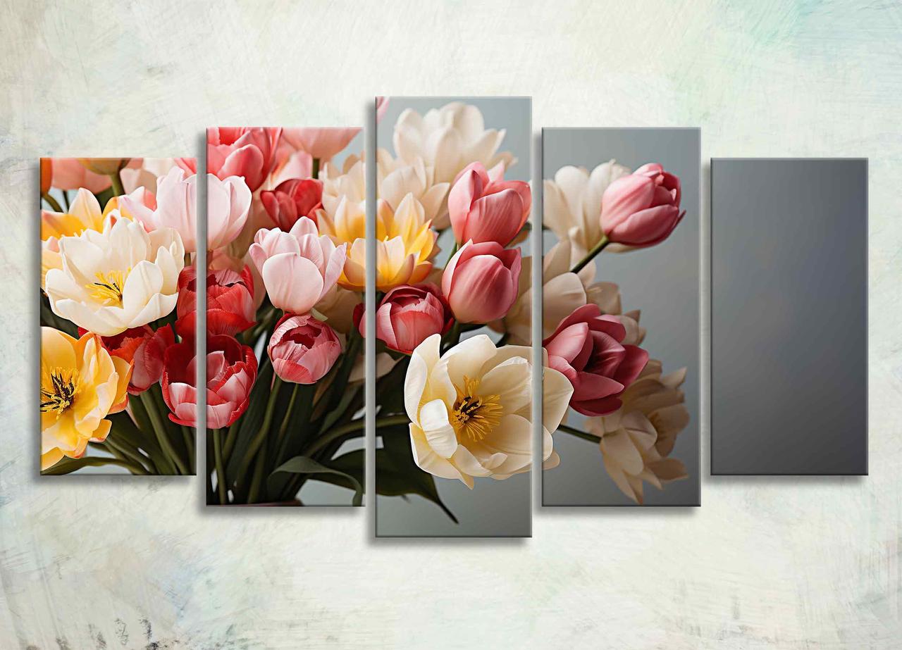 Модульна Картина з 5 частин Букет Тюльпанів у Вазі Декор на Стіну Яскраві Тюльпани Різнокольорові Квіти VE