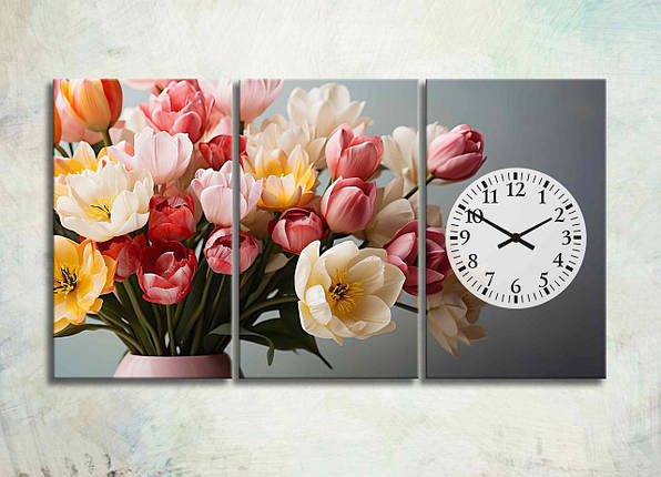 Модульна Картина з 3 частин Букет Тюльпанів у Вазі Декор на Стіну Годинники Яскраві Тюльпани Різнокольорові Квіти VE, фото 1