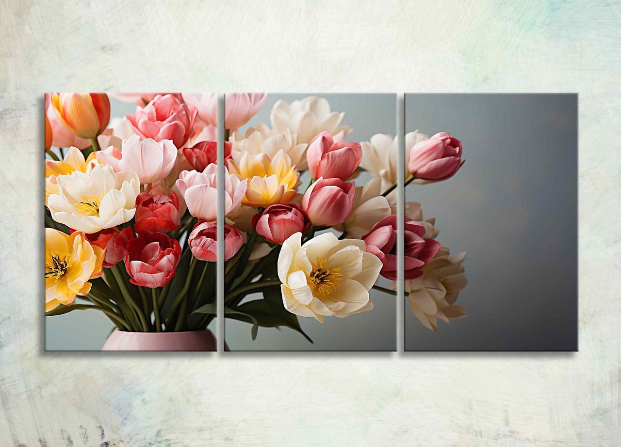 Модульна Картина з Тюльпанами Квіти Картина з 3 частин Тюльпани у Вазі Букет Квітів Декор на Стіну з Квітами