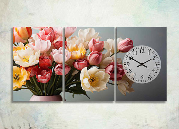 Модульна Картина з Годинниками Тюльпани у Вазі Картина з Квітами Тюльпанами Декор на Стіну Квіти VE, фото 1
