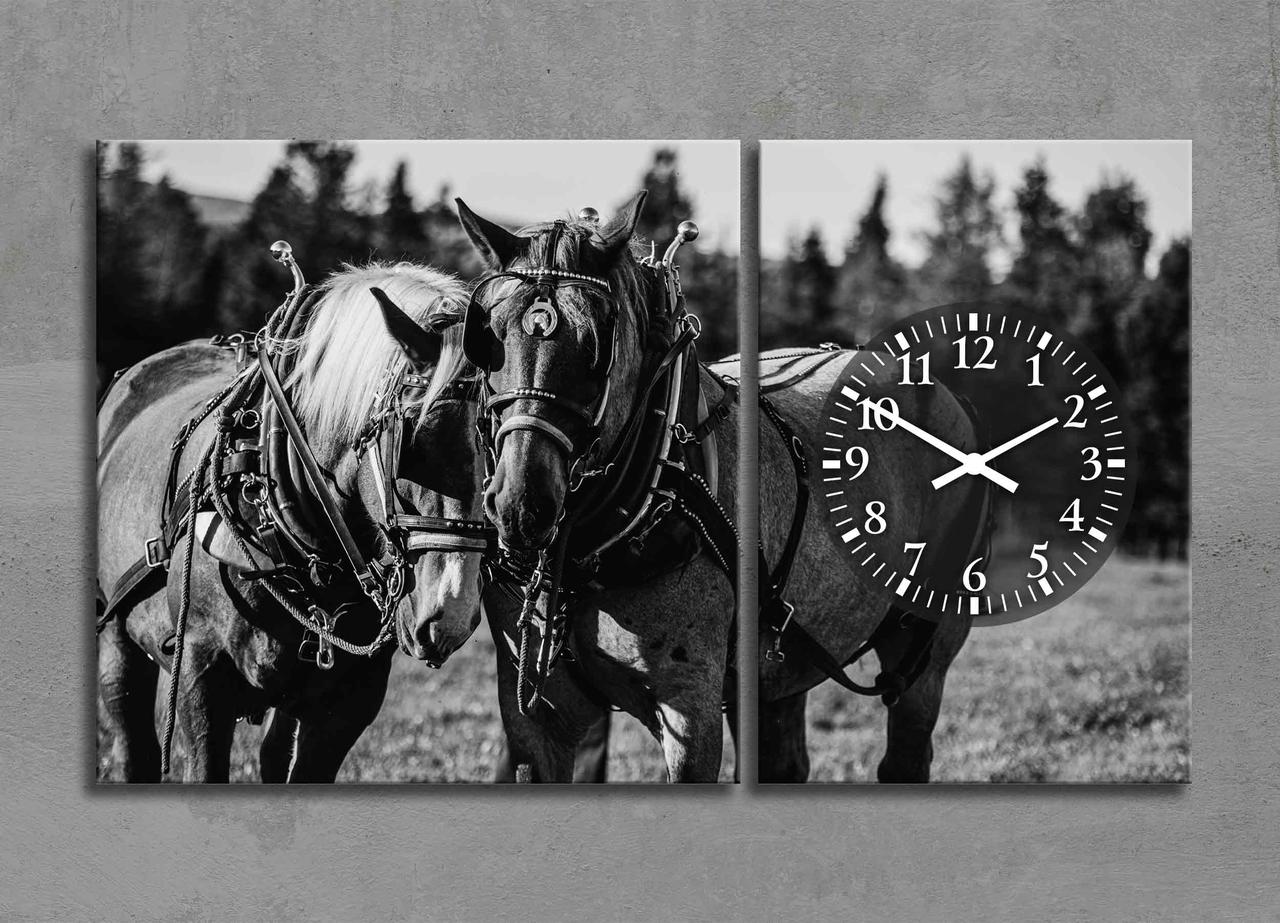 Чорно-біла Картина Годинники з Конями Декор на Стіну з 2 частин Дві Коні Картина з Тваринами Креатив з Годинниками