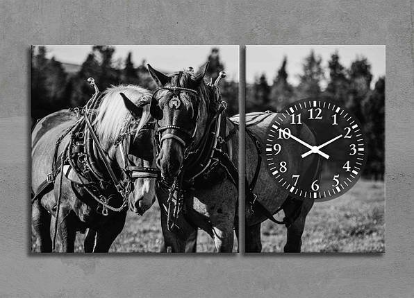 Чорно-біла Картина Годинники з Конями Декор на Стіну з 2 частин Дві Коні Картина з Тваринами Креатив з Годинниками, фото 1