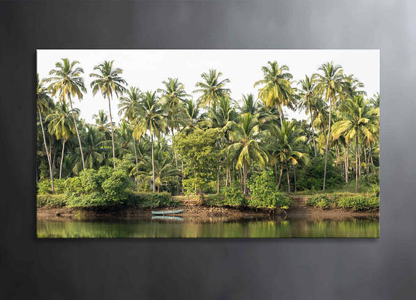 Яскрава Картина із Зеленими Пальмами Острів Декор на Стіну Океан із Човном Зелені Пальми Тропіки VE, фото 1