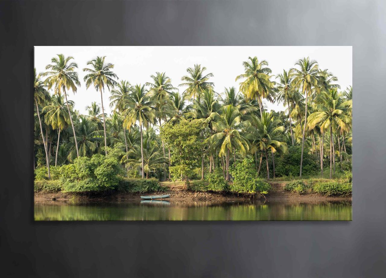 Яскрава Картина із Зеленими Пальмами Острів Декор на Стіну Океан із Човном Зелені Пальми Тропіки VE