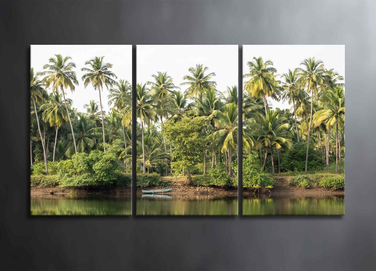 Модульна Картина із Зеленими Пальмами Острів Декор на Стіну з 3 частин Океан із Човном Зелені Пальми Тропики VE