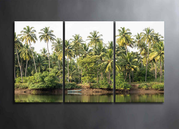 Модульна Картина із Зеленими Пальмами Острів Декор на Стіну з 3 частин Океан із Човном Зелені Пальми Тропики VE, фото 1