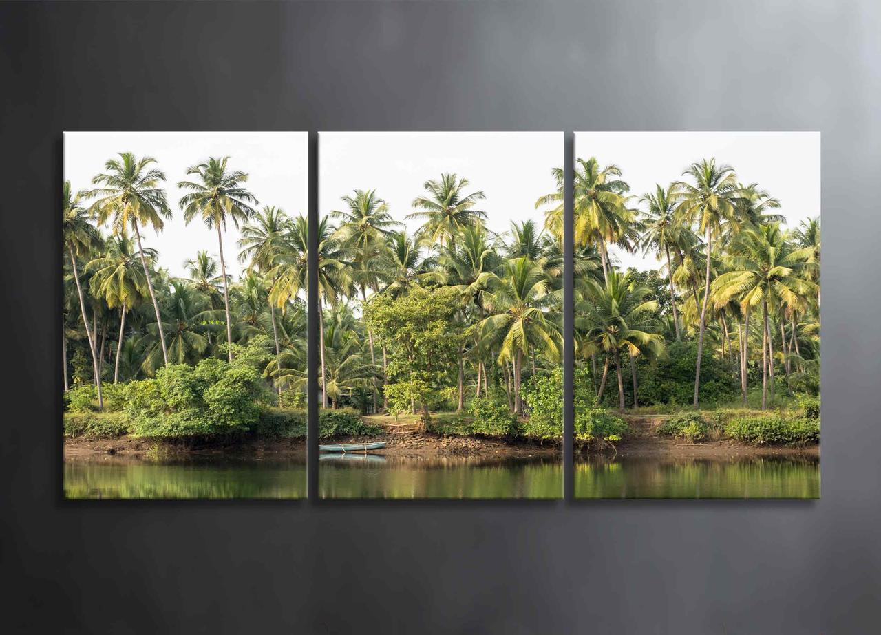 Модульна Картина Тропики з Зеленими Пальмами Острів Декор на Стіну з 3 частин Океан з Човном Зелені Пальми