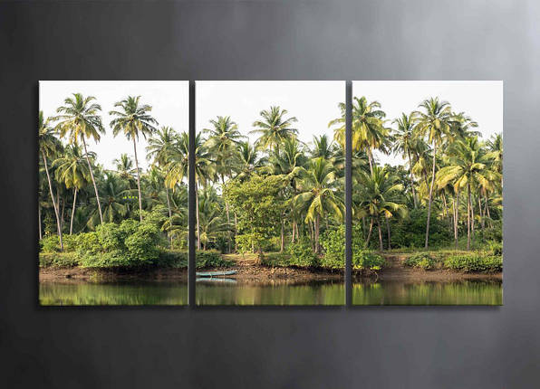 Модульна Картина Тропики з Зеленими Пальмами Острів Декор на Стіну з 3 частин Океан з Човном Зелені Пальми, фото 1