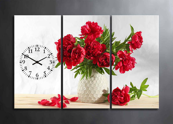 Модульна Картина з Годинником Букет Червоних Півонів у Білій Вазі Яскравий Декор на Стіну Годинники Червоні Півонії Квіти VE, фото 1