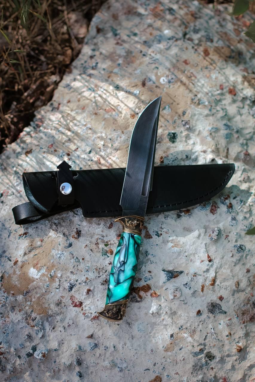 Ніж ручної роботи з дамаської сталі «Окунь #1» зі шкіряними піхвами 61 HRC., фото 1