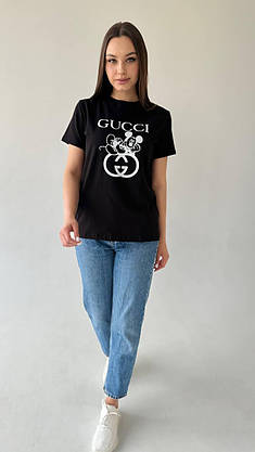 Футболка жіноча чорна з написом GUCCI стильна красива повсякденна футболка зручна літня на дівчину, фото 4