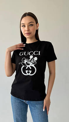 Футболка жіноча чорна з написом GUCCI стильна красива повсякденна футболка зручна літня на дівчину, фото 3