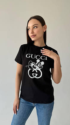 Футболка жіноча чорна з написом GUCCI стильна красива повсякденна футболка зручна літня на дівчину, фото 5
