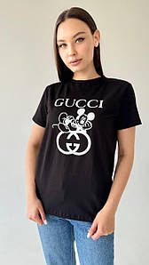 Футболка жіноча чорна з написом GUCCI стильна красива повсякденна футболка зручна літня на дівчину