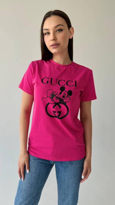 Футболка жіноча з написом GUCCI і принтом гарна повсякденна футболка рожева зручна літня на дівчину, фото 3