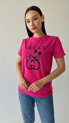 Футболка жіноча з написом GUCCI і принтом гарна повсякденна футболка рожева зручна літня на дівчину, фото 5