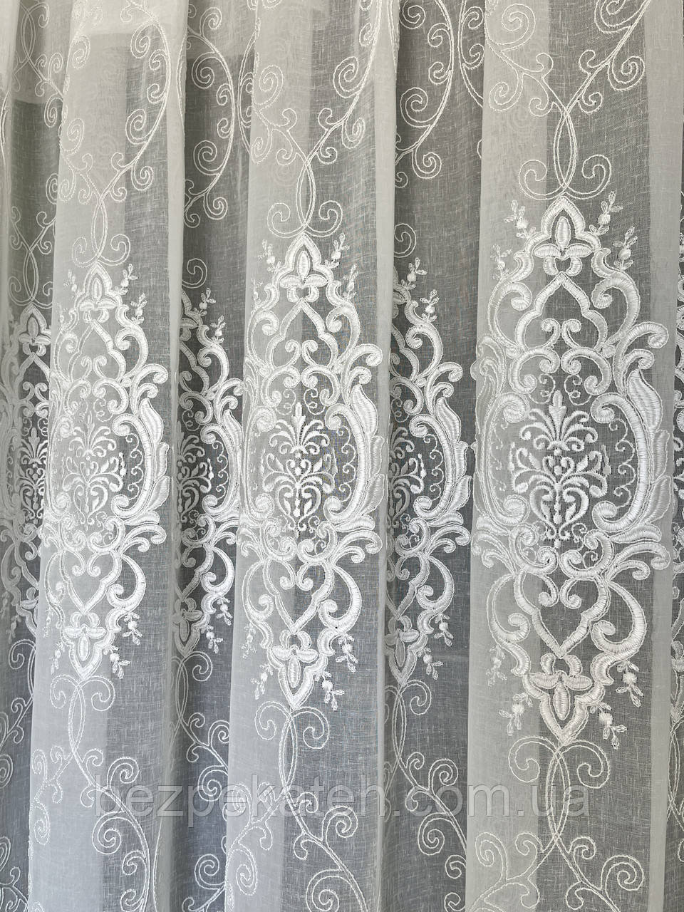 Тюль льон із вишивкою. Лляна тюль у зал. Красива тюль із льону, фото 1