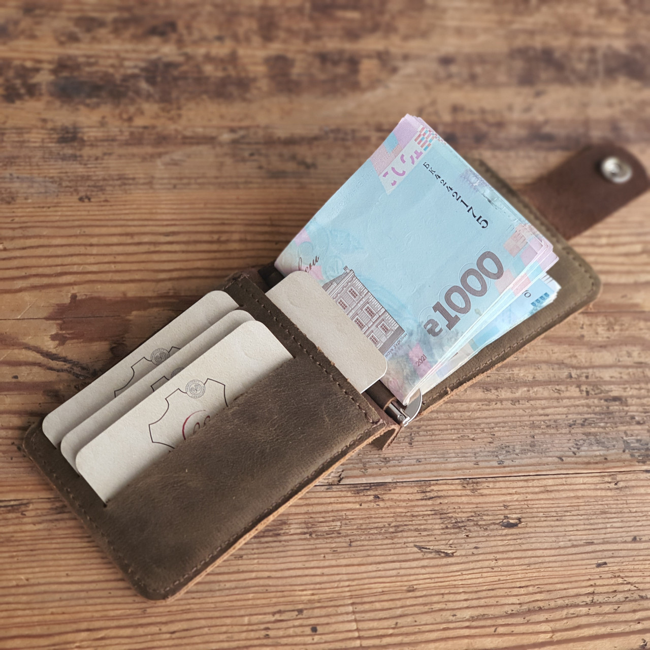 Затиск для грошей GS шкіряний оливковий, фото 1