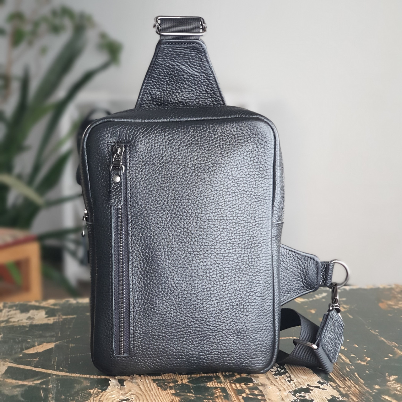 Чоловіча сумка-слінг GS шкіряна чорна флотар, фото 1