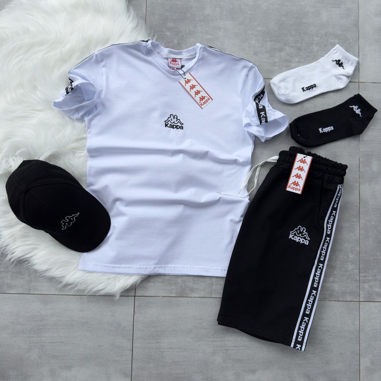 Шорти футболка кепка Kappa спортивний костюм чоловічий літній каппа чорно-білий, фото 1