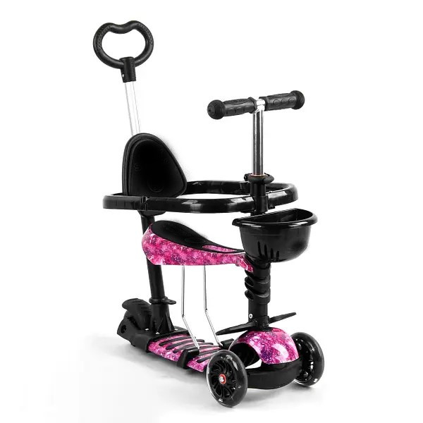 Триколісний дитячий самокат Scooter 5 в 1 "Рожевий Космос" з сидінням, бортиком, батьківською ручкою та LS-012840
