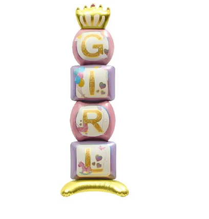 Фольгована кулька Кубики з короною GIRL на підставці 32x117см (46") | Рожевий, фото 1