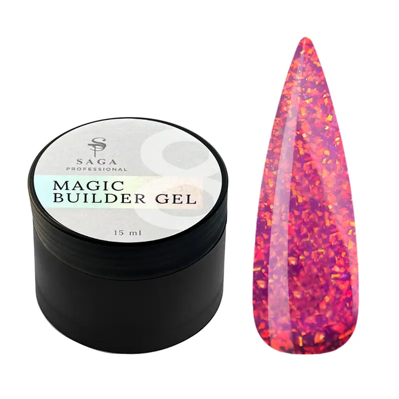 SAGA Builder Gel Magic №08 темно-рожевий з різнокольоровою поталлю, 15 мл, фото 1