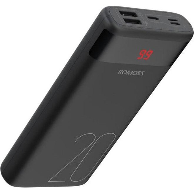 Зовнішній акумулятор (Power Bank) Romoss Ares 20 (PAS20-102-2135H) 20000 mAh Black 1.5 - 5 В (Li-Pol, Output: 1xUSB, 1xType-C, 1xL