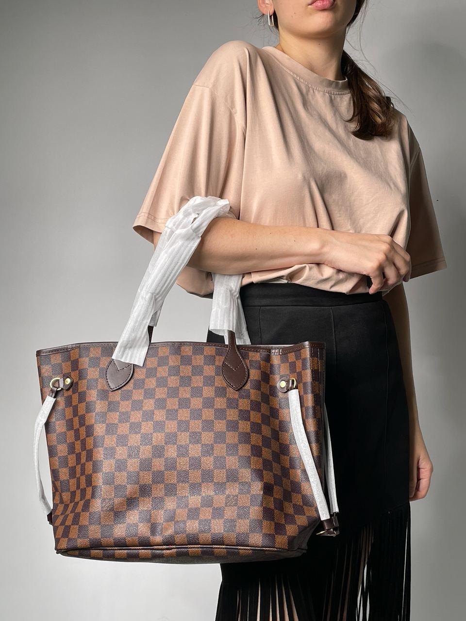 Жіноча сумка Луї Віттон коричнева Louis Vuitton Brown Neverfull MM Damier Ebene, фото 1