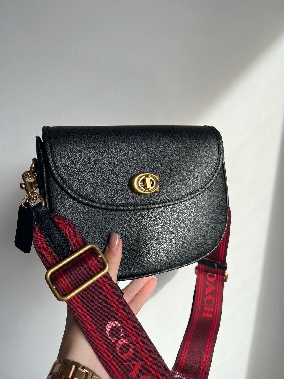 Жіноча сумка Коуч чорна Coach Polished Pebble Willow Saddle Bag Black