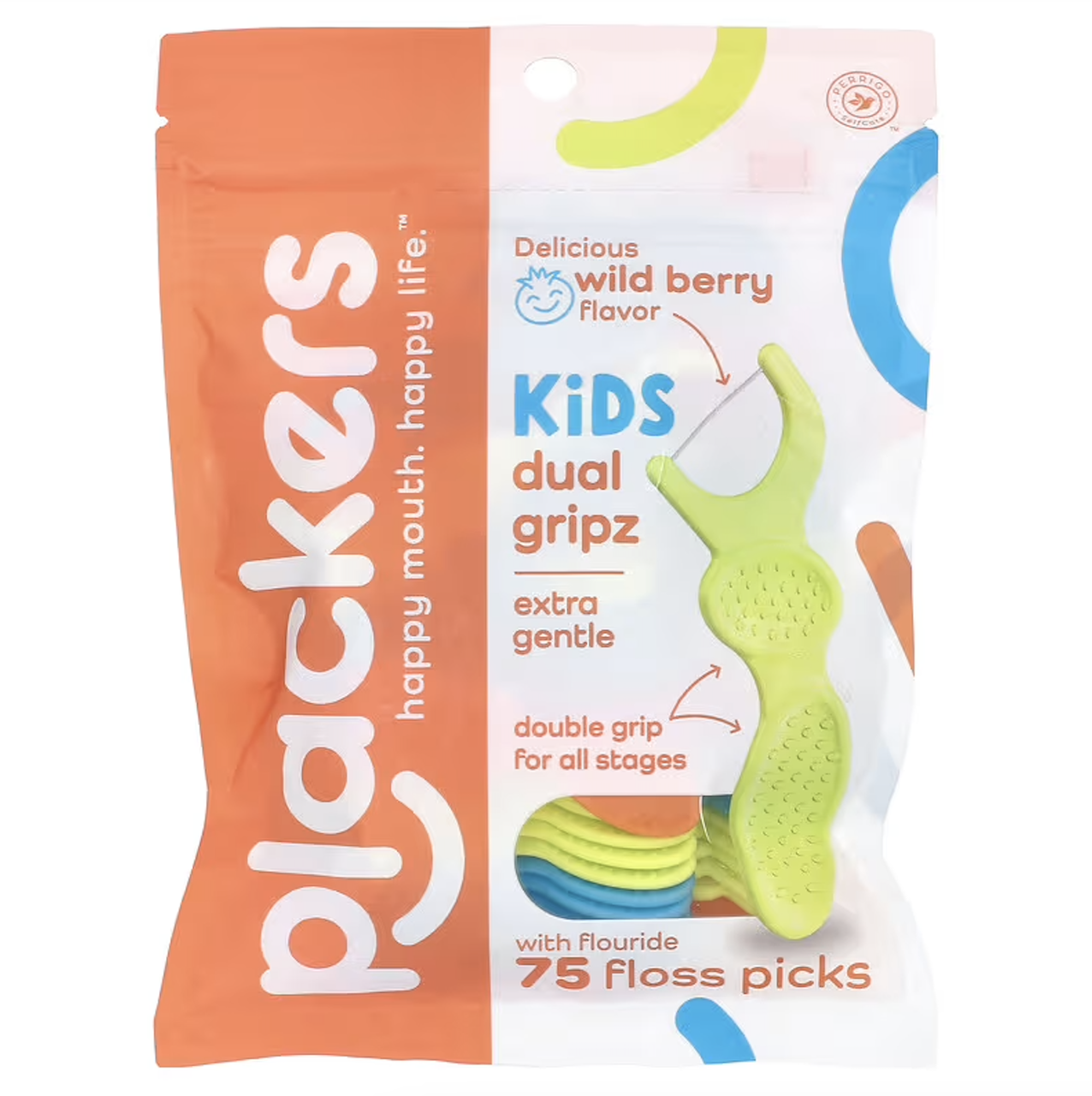 Plackers, Kid's Dual Gripz, дитячі зубочистки з ниткою, з фтором, фруктовий смузі, 75 шт.