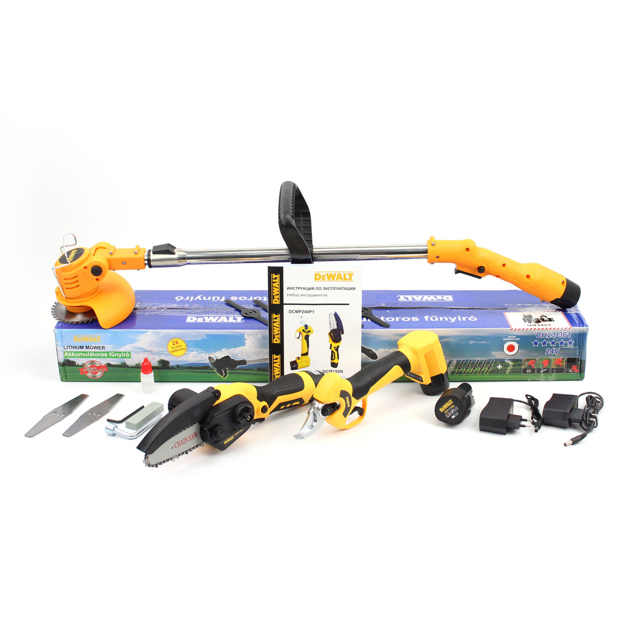 АКБ набір 3в1 DeWalt (тример DCMST152N 24V + секатор DCMP240P1 12V + міні пила DCM150N 12V)