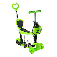 Триколісний дитячий самокат Scooter 5 в 1 Зелений з сидінням, батьківською ручкою та кошиком 1+ 18-1green karam mag