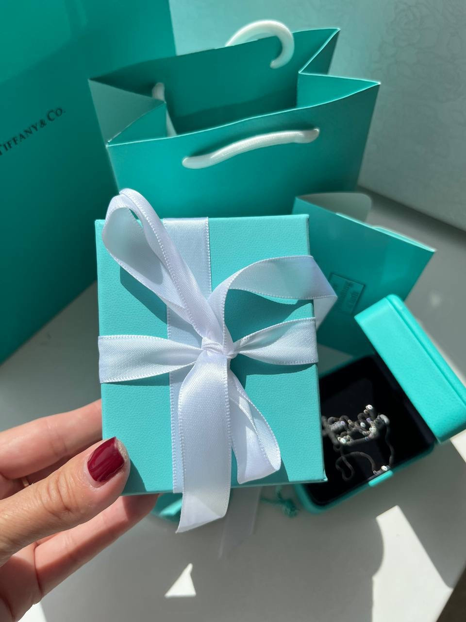 Tiffany / Тіффані подарункове паковання під браслет — коробочка, зовнішня коробочка, пакет, мішечок, протирка для срібла