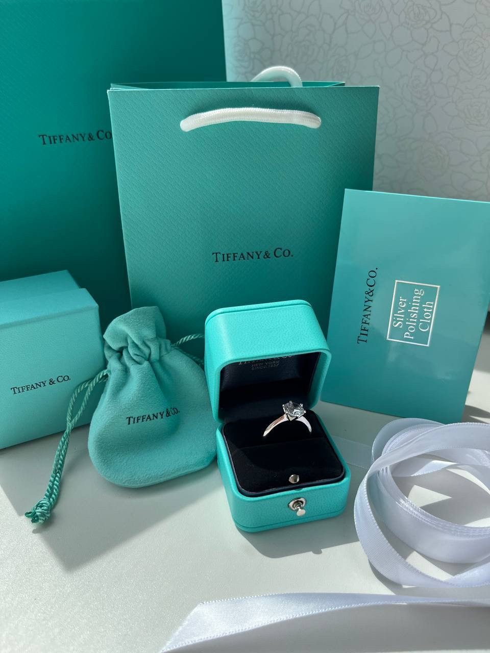 Tiffany / Тіффані подарункове паковання під кільце — коробочка, зовнішня коробочка, пакет, мішечок, протирка для срібла