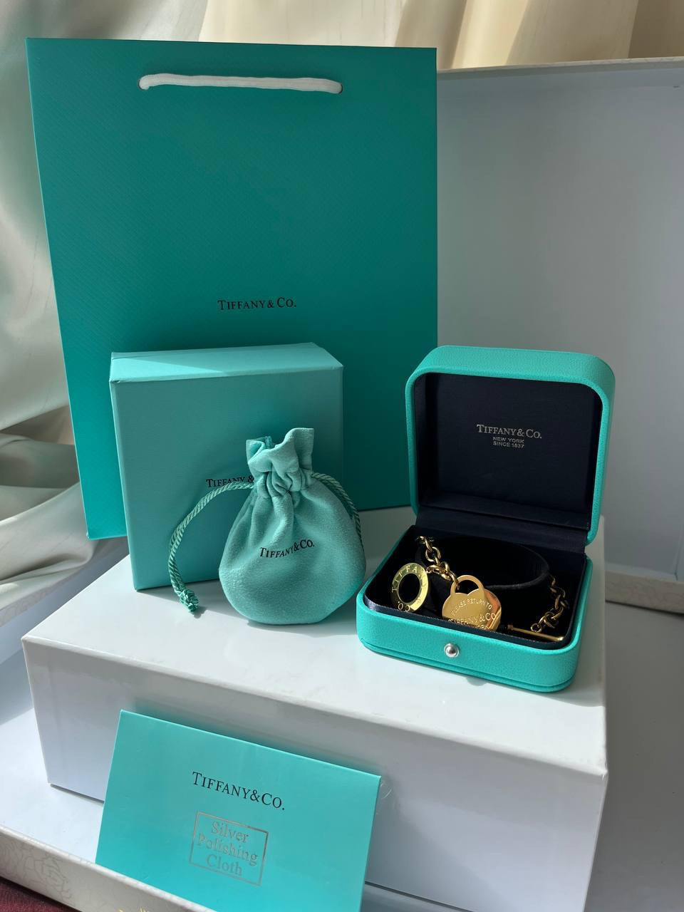 Tiffany / Тіффані подарункове паковання під браслет — коробочка, зовнішня коробочка, пакет, мішечок, картка